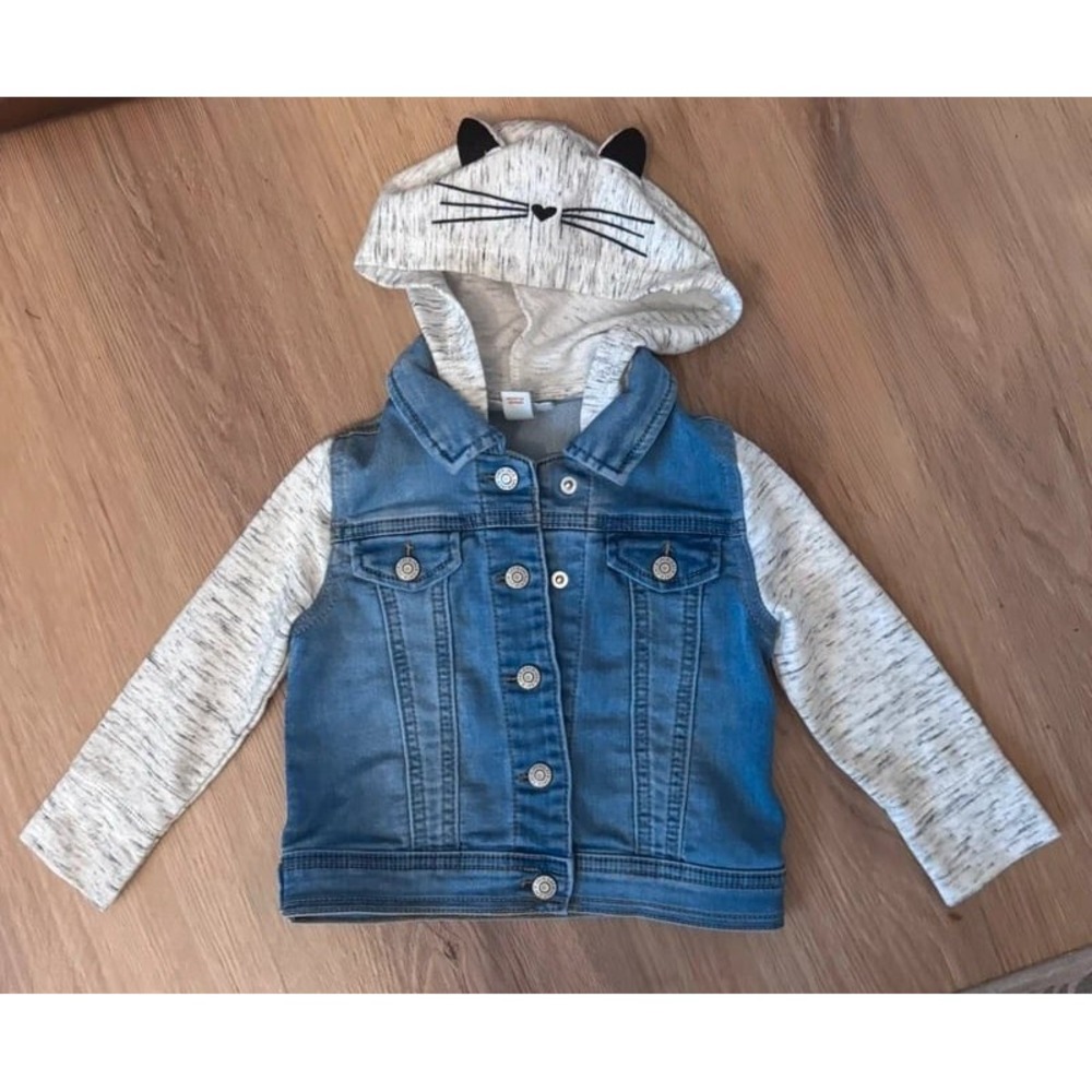 Cat & Jack Girls Denim Jacket Gray Knit Hooded Cat Ears Medium Wash Blue